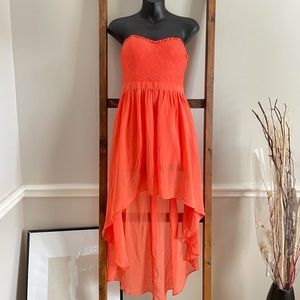 Orange strapless chiffon high low dress